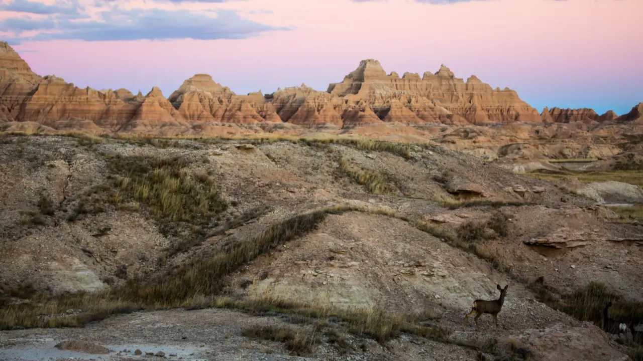 Layered rock formations across Badlands National Park