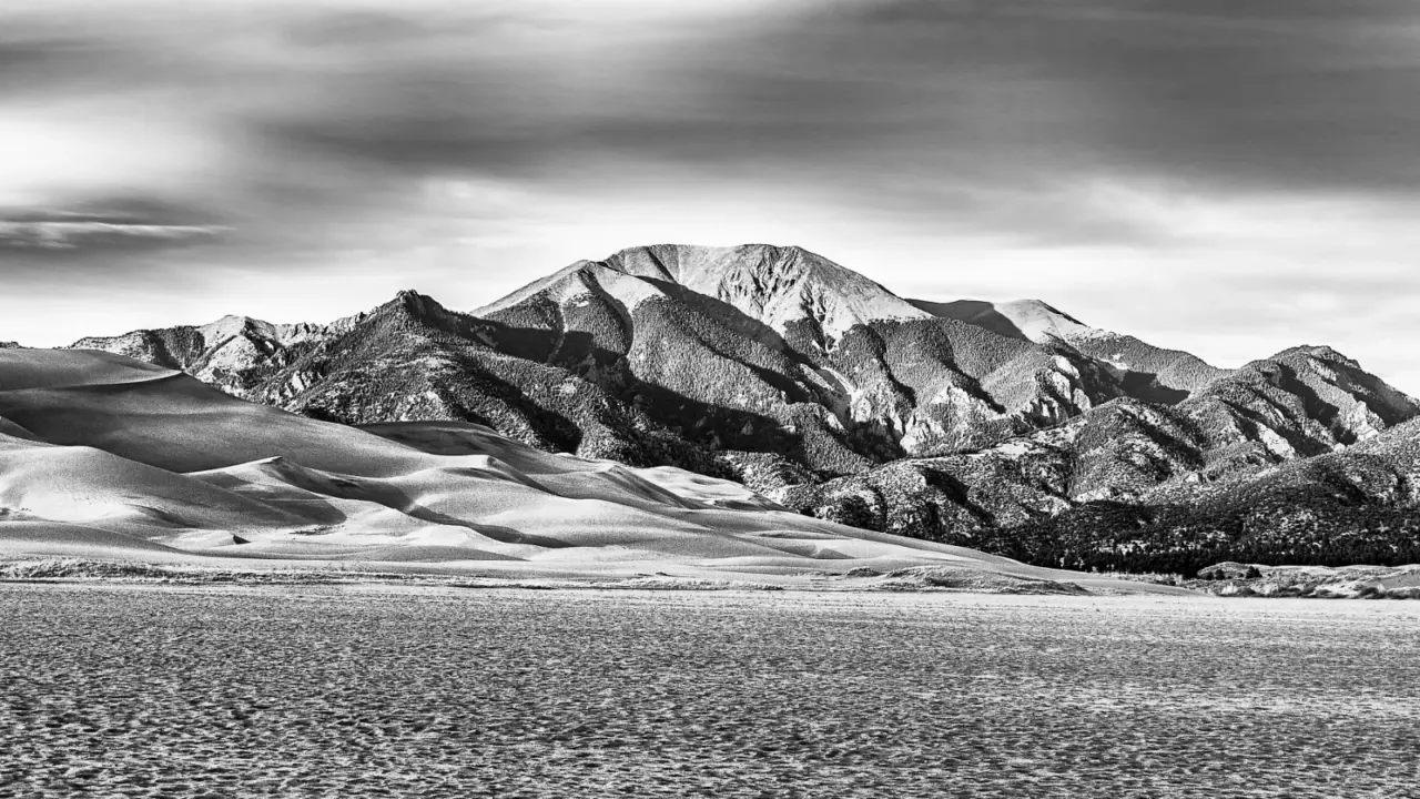 Carbonate Mountain and distant dunes in Great Sand Dunes National Park