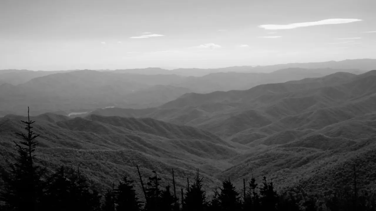 Layered mountain ridges in black and white in Great Smoky Mountains National Park