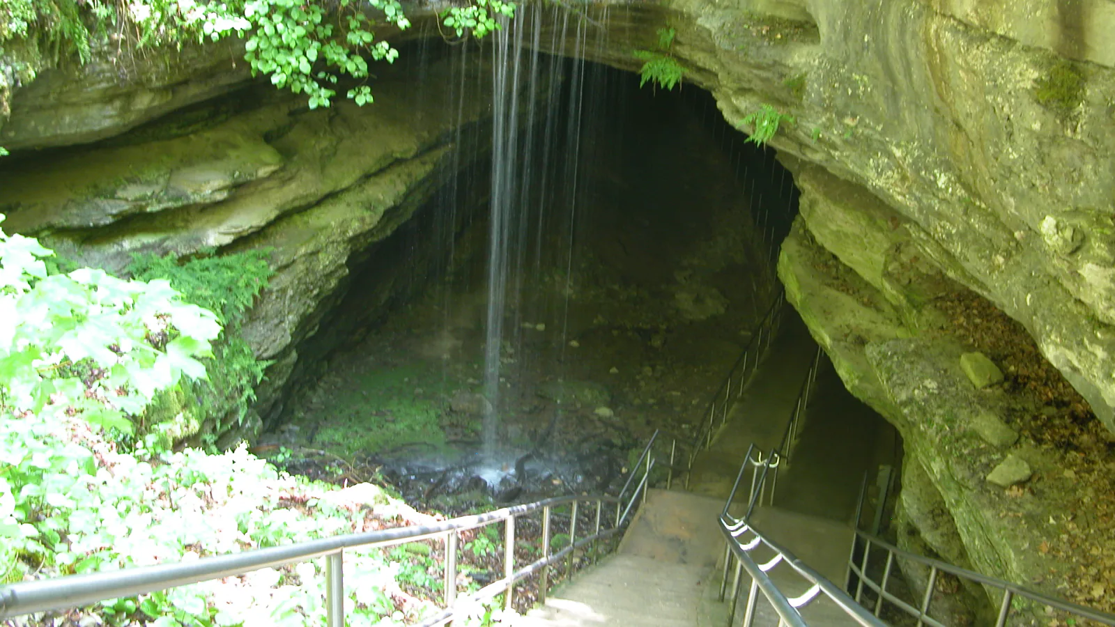 Waterfall and stairs descending into the Mammoth Cave entrance