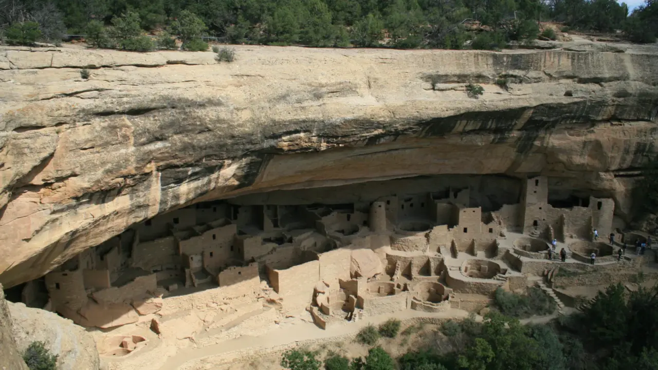 Cliff Palace dwellings beneath a sandstone alcove in Mesa Verde National Park