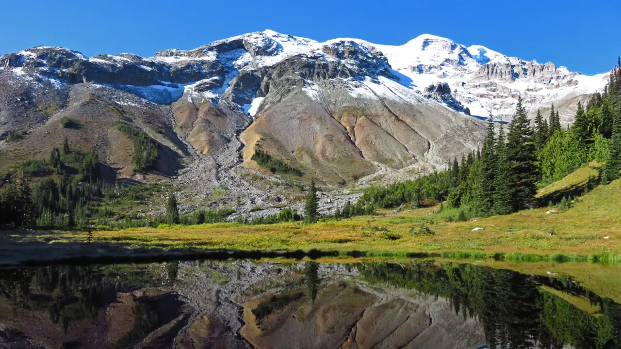 Glacier Basin and snow-covered peaks in Mount Rainier National Park