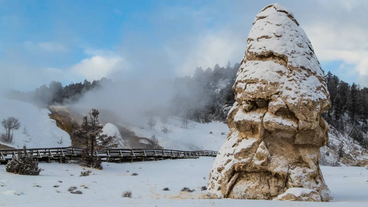 Snow-covered Liberty Cap at Mammoth Hot Springs in Yellowstone National Park