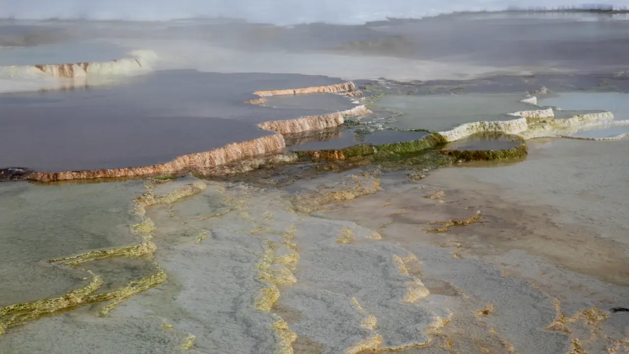 Steam drifting across colorful Mammoth Hot Springs terraces in Yellowstone National Park