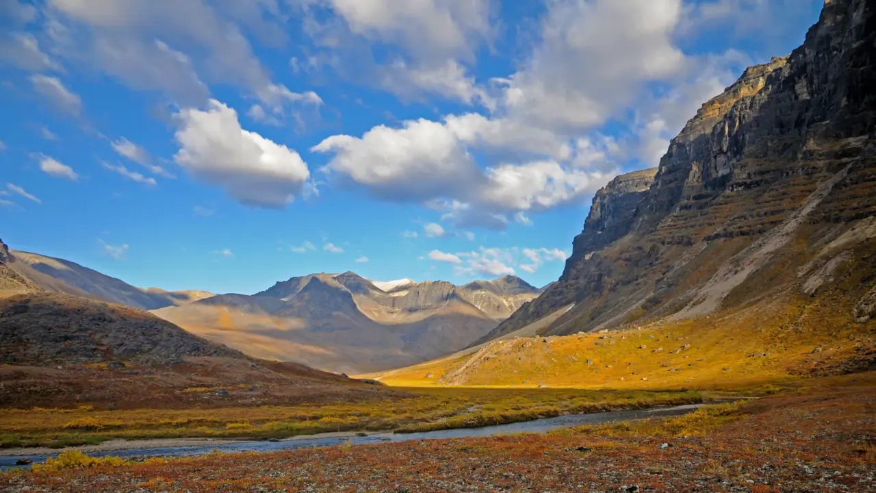 Sunlit mountain landscape in Gates of the Arctic National Park