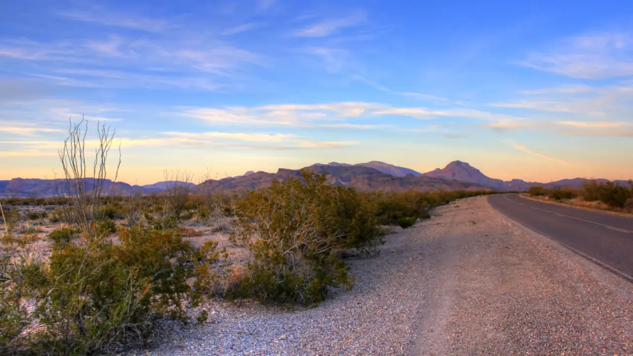 Paved road curving toward desert mountains at dusk in Big Bend National Park