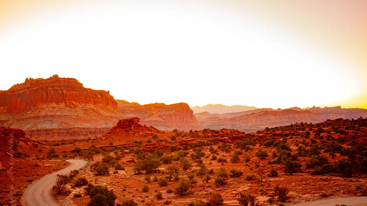 Sunrise above red rock formations at Panorama Point in Capitol Reef National Park
