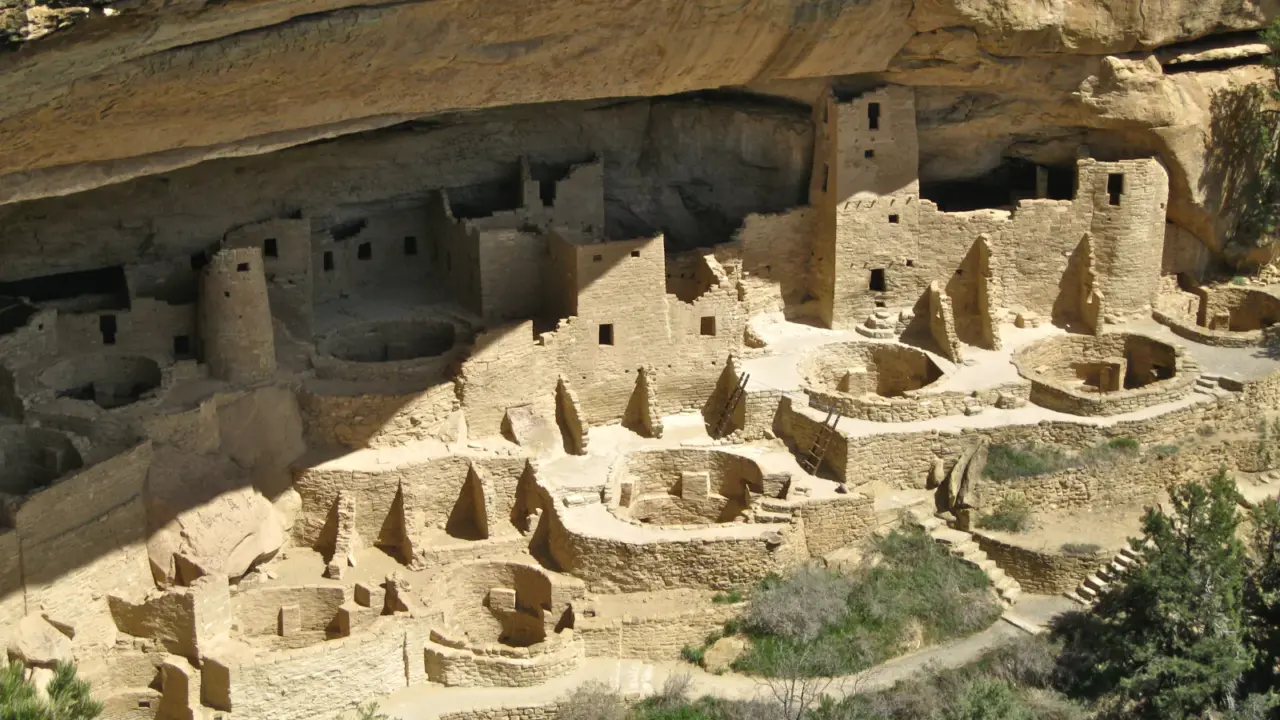 Sunlit Cliff Palace dwellings in Mesa Verde National Park
