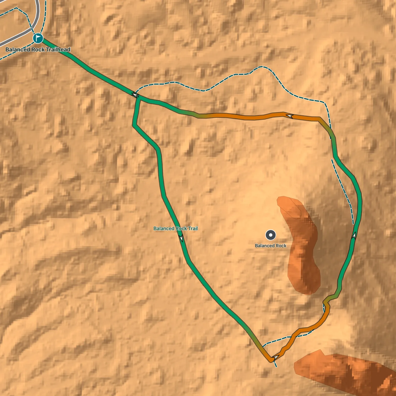 Terrain map of Balanced Rock Loop in Arches National Park, with Balanced Rock labeled