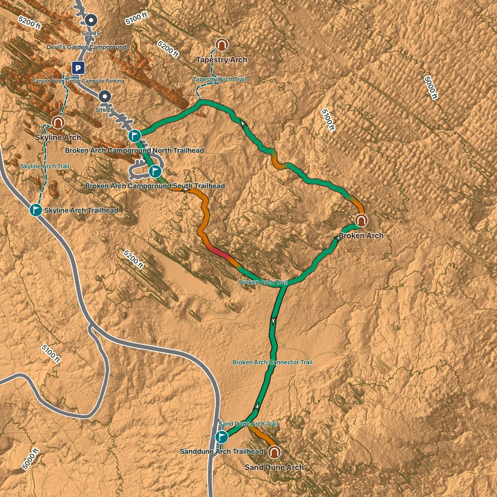 Terrain map of Broken Arch Loop via Devils Garden Campground in Arches National Park, with Sand Dune Arch, Broken Arch, and Tapestry Arch labeled
