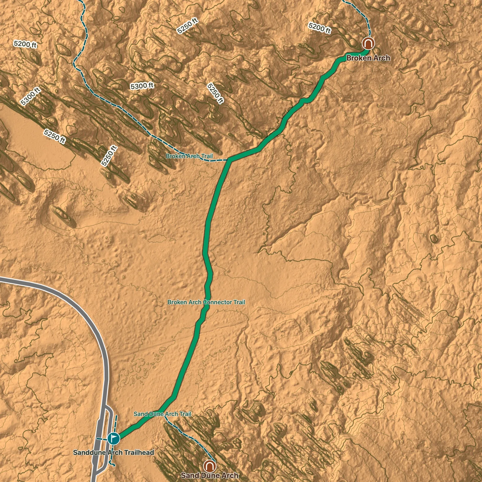 Terrain map of Broken Arch Out-and-Back in Arches National Park, with Broken Arch labeled