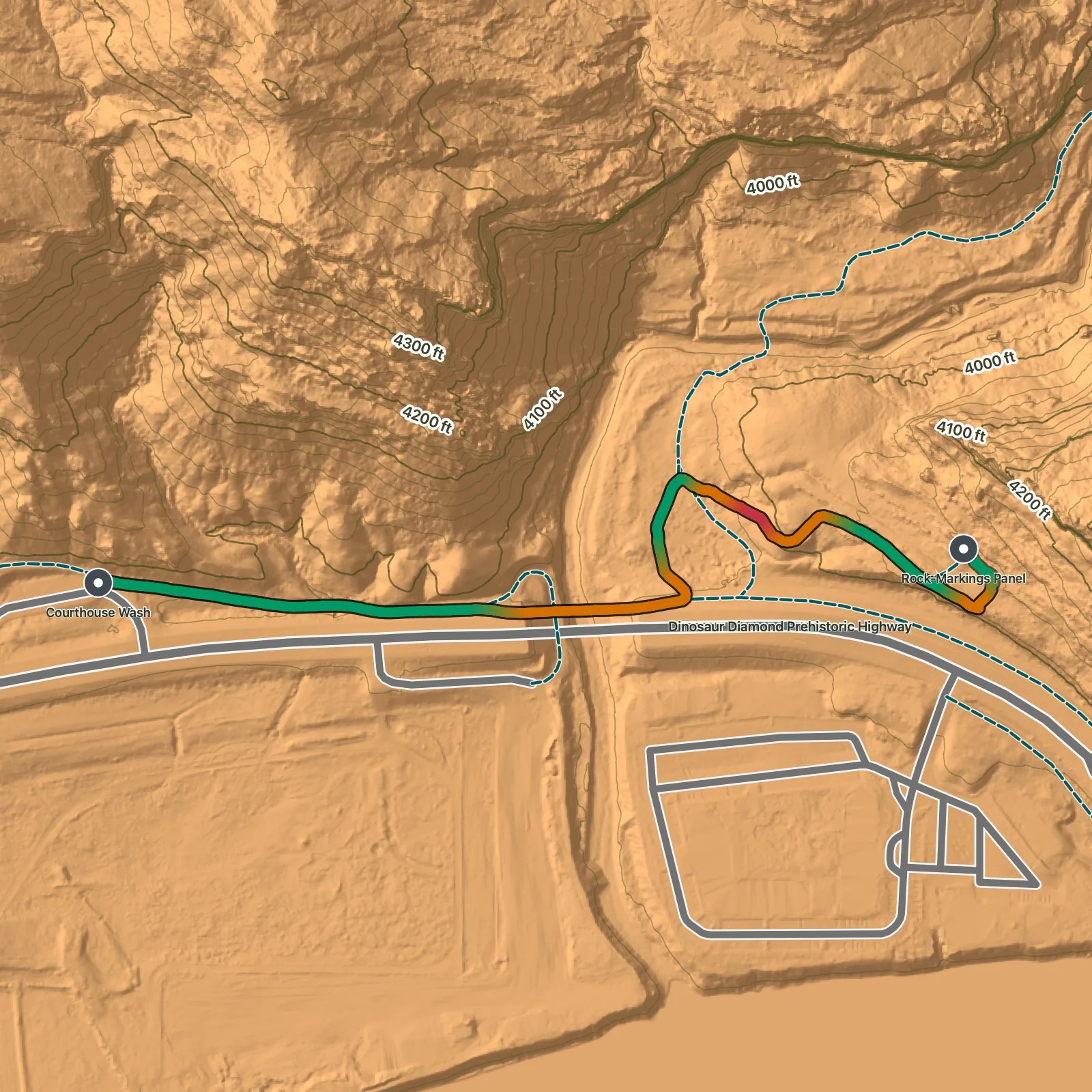 Terrain map of Courthouse Wash Panel Trail in Arches National Park, with Courthouse Wash, and Rock-Markings Panel labeled