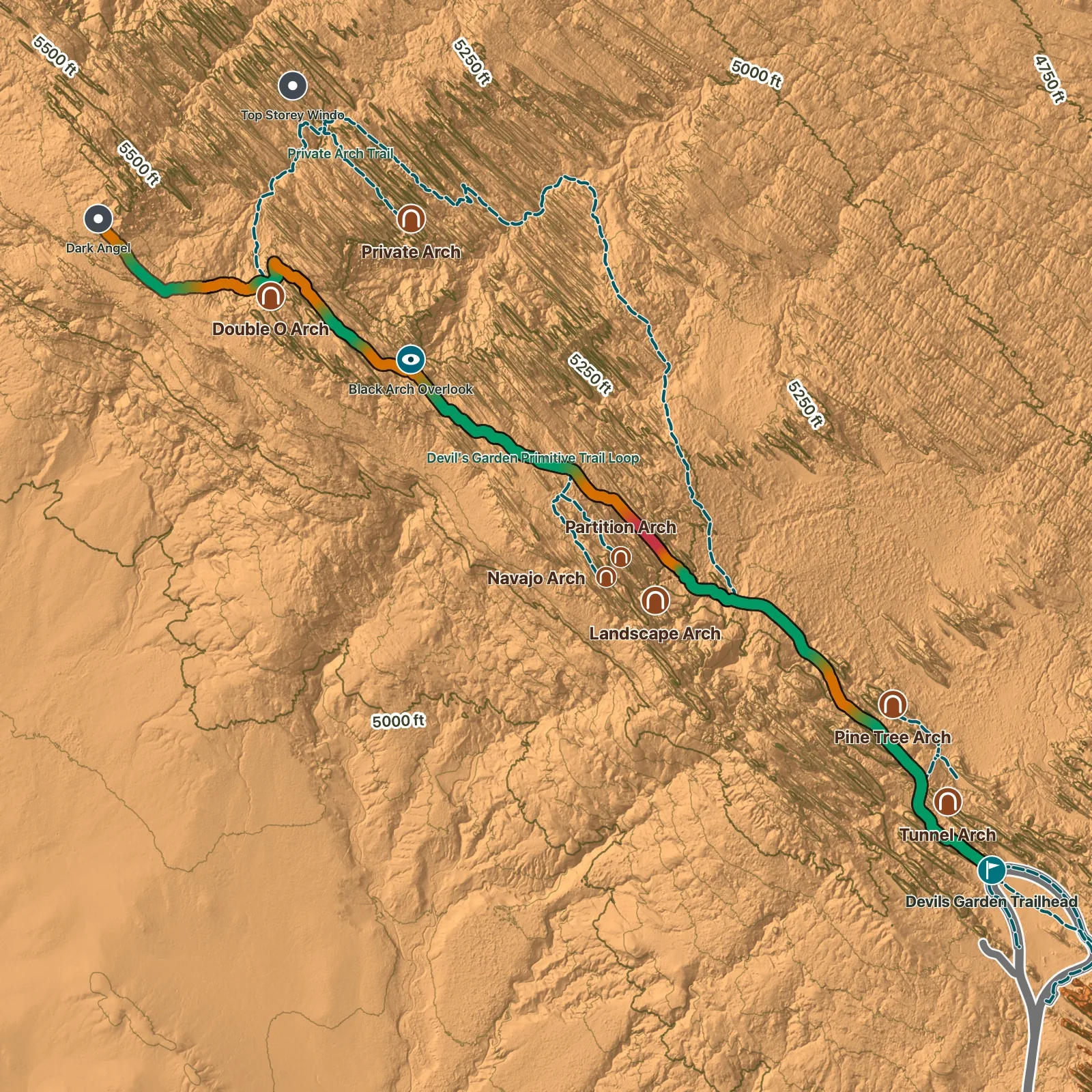 Terrain map of Dark Angel Trail in Arches National Park, with Landscape Arch, Navajo Arch, Partition Arch, Double O Arch, and Dark Angel labeled