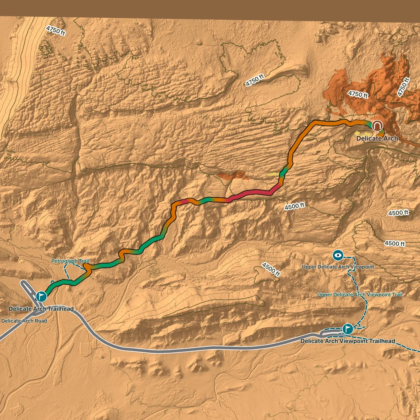 Terrain map of Delicate Arch Trail in Arches National Park, with Delicate Arch labeled