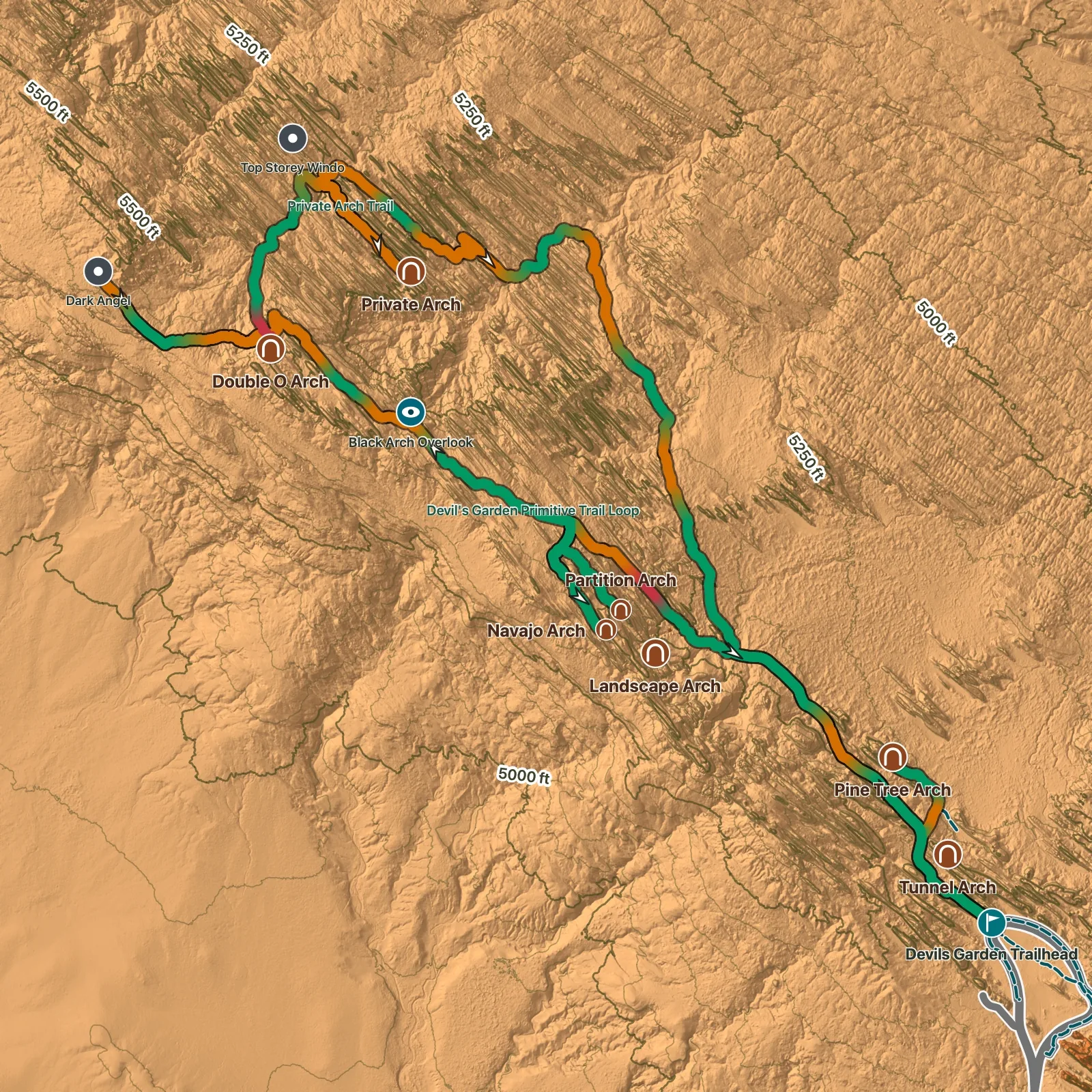 Terrain map of Devils Garden Loop with All Named Spurs in Arches National Park, with Pine Tree Arch, Tunnel Arch, Landscape Arch, Navajo Arch, Partition Arch, Double O Arch, Private Arch, and Dark Angel labeled