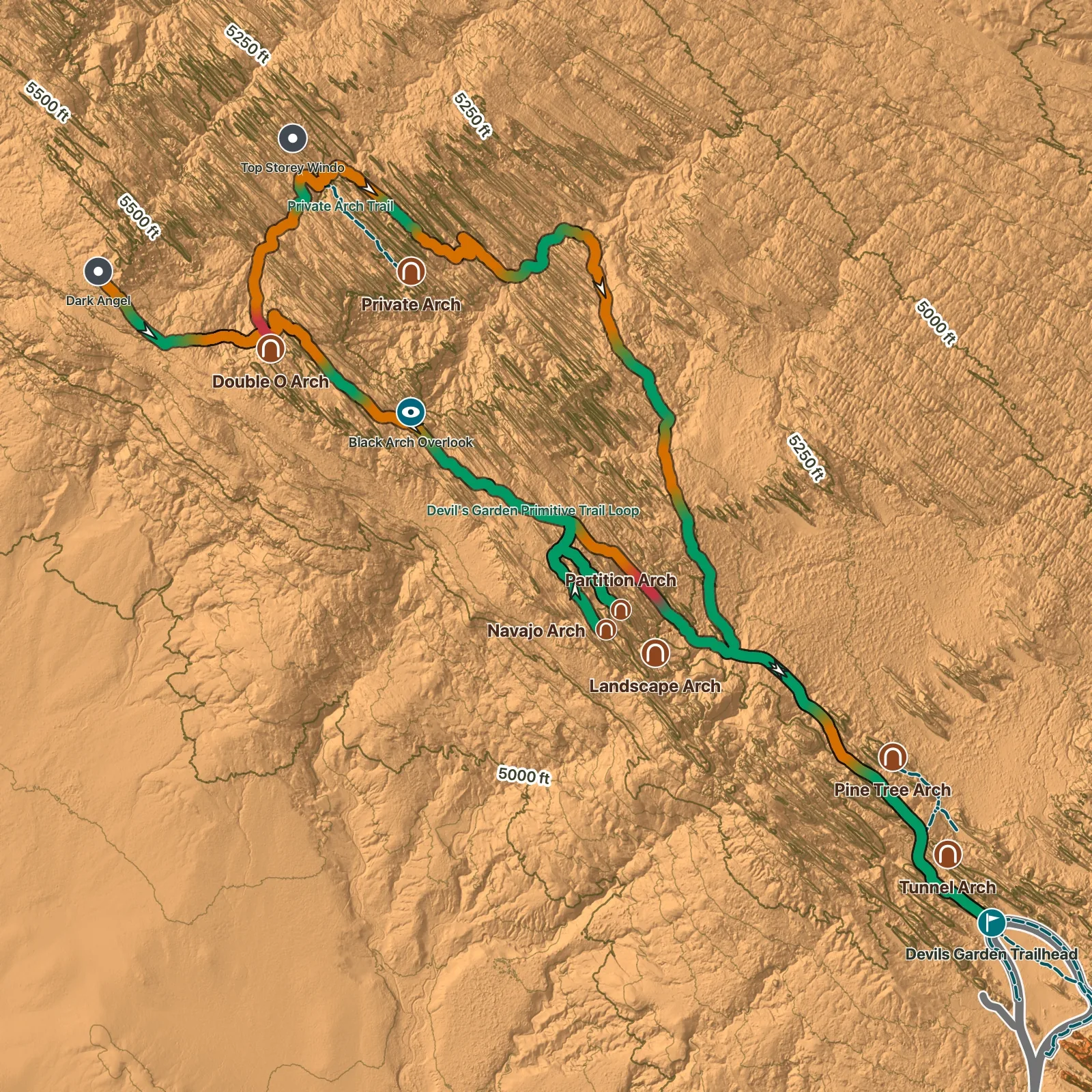 Terrain map of Devils Garden Primitive Loop in Arches National Park, with Landscape Arch, Navajo Arch, Partition Arch, Double O Arch, Private Arch, and Dark Angel labeled