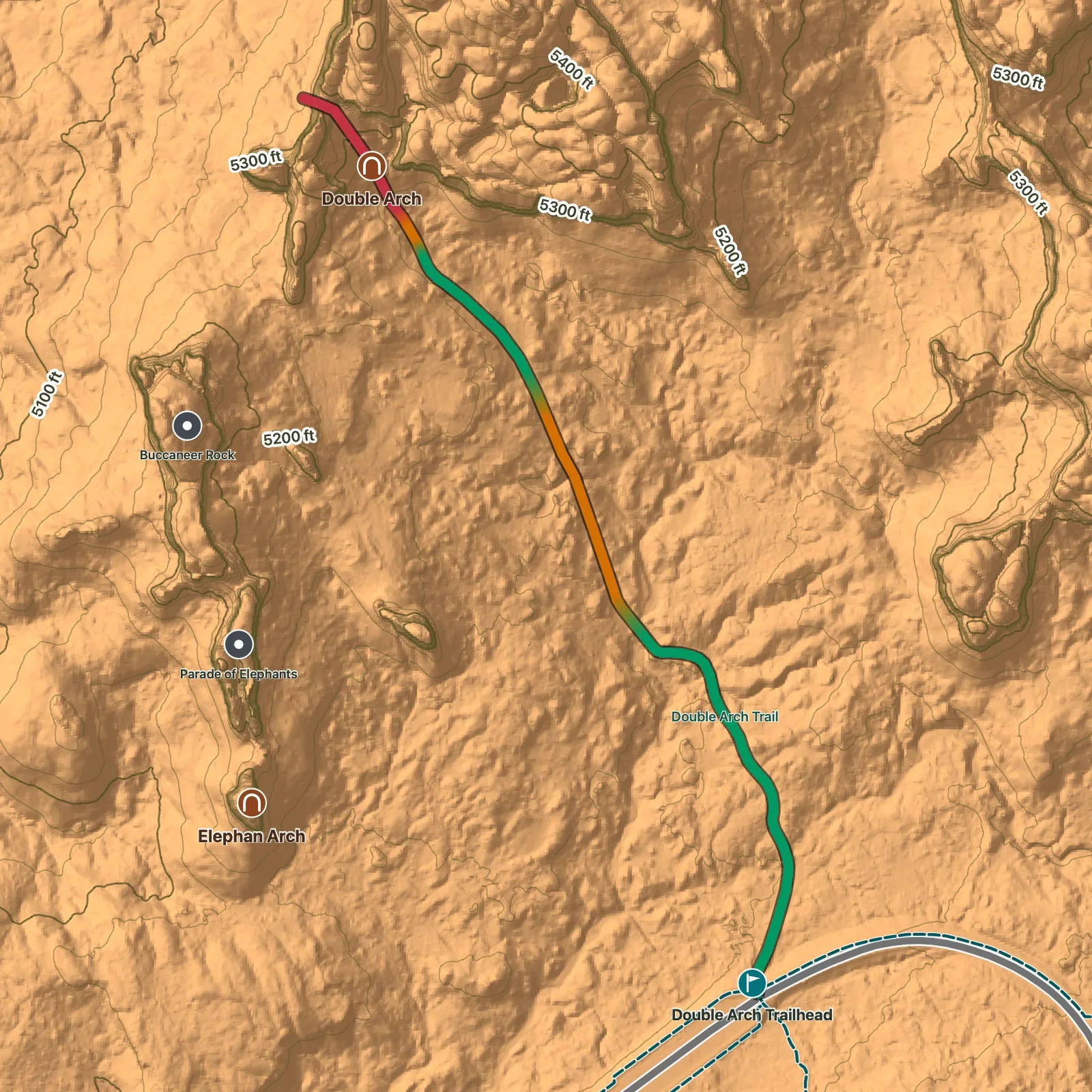 Terrain map of Double Arch Trail in Arches National Park, with Double Arch labeled
