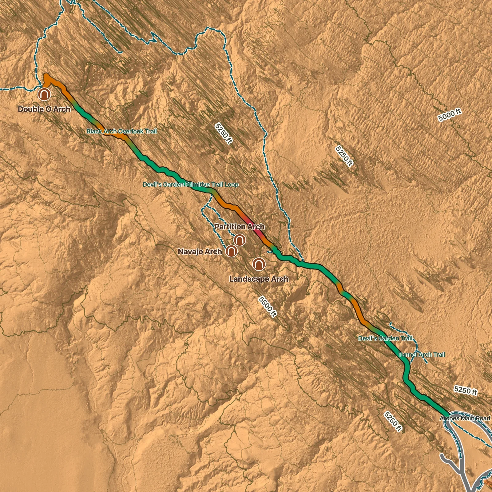 Terrain map of Double O Arch Trail in Arches National Park, with Landscape Arch, Navajo Arch, Partition Arch, and Double O Arch labeled