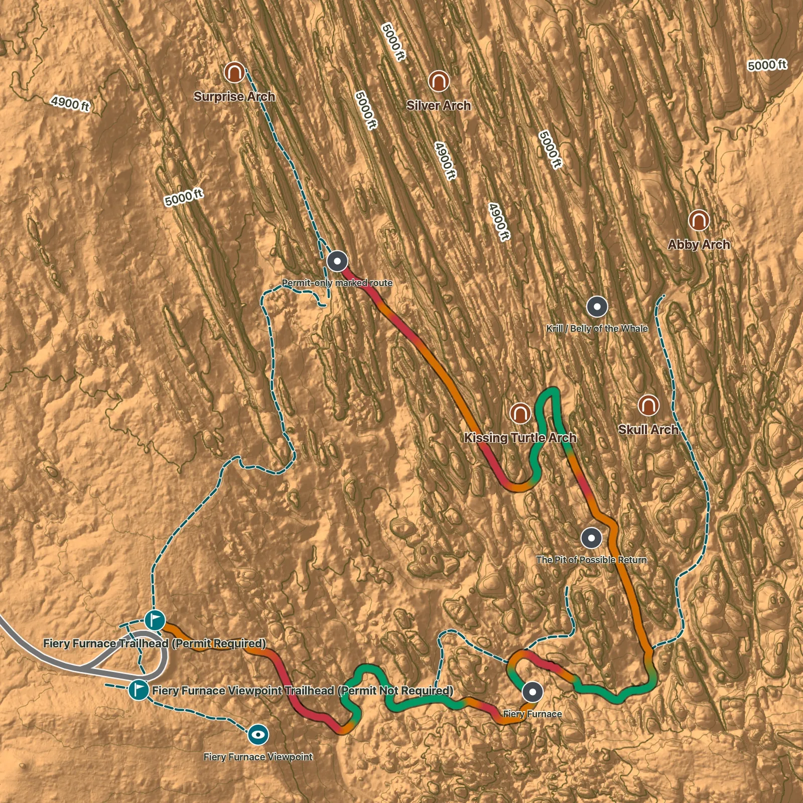 Permit-only orientation terrain map for Fiery Furnace, with Fiery Furnace, Permit-only marked route, Surprise Arch, Skull Arch, and Kissing Turtle Arch labeled