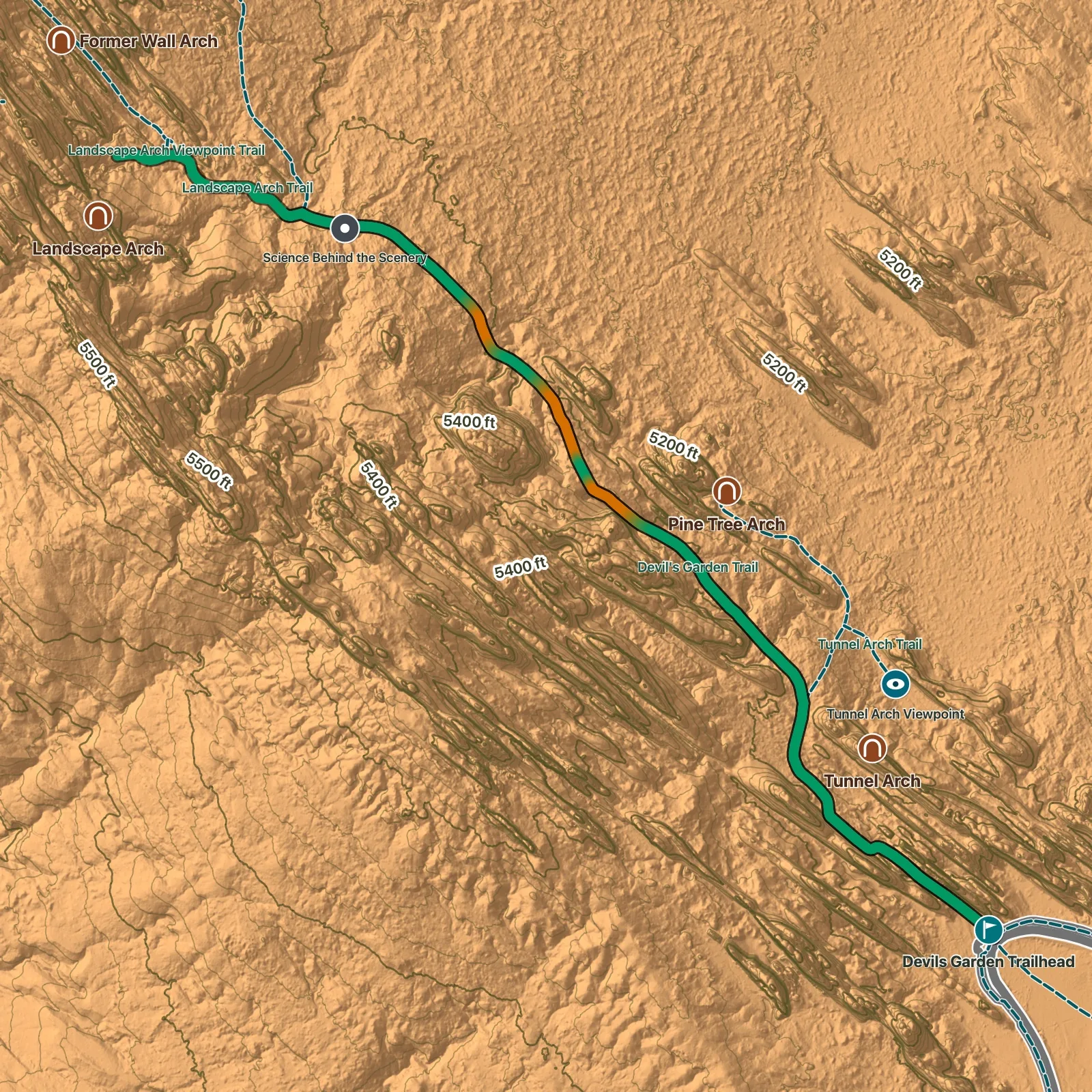 Terrain map of Landscape Arch Trail in Arches National Park, with Landscape Arch labeled