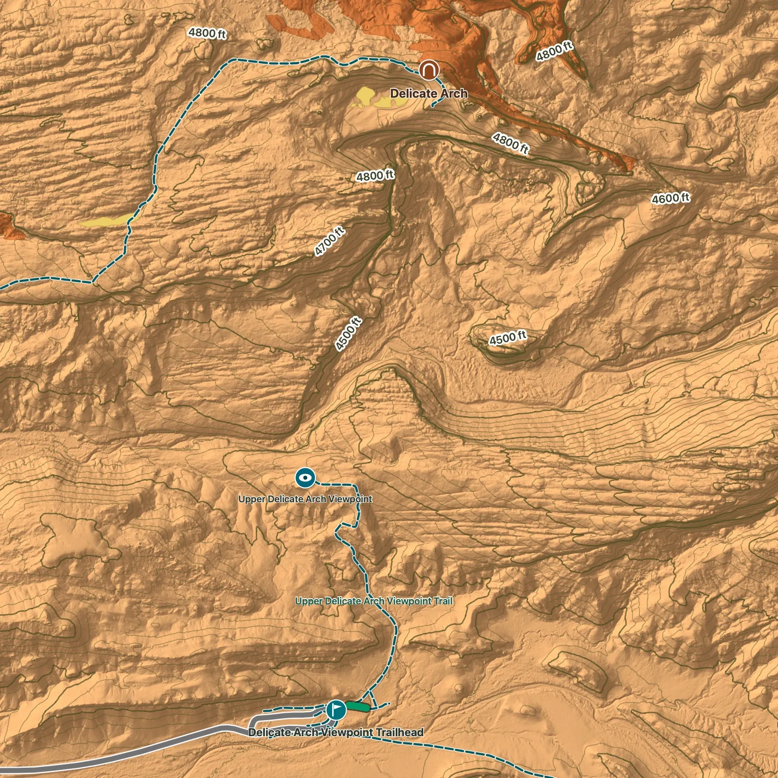 Terrain map of Lower Delicate Arch Viewpoint in Arches National Park, with Delicate Arch labeled