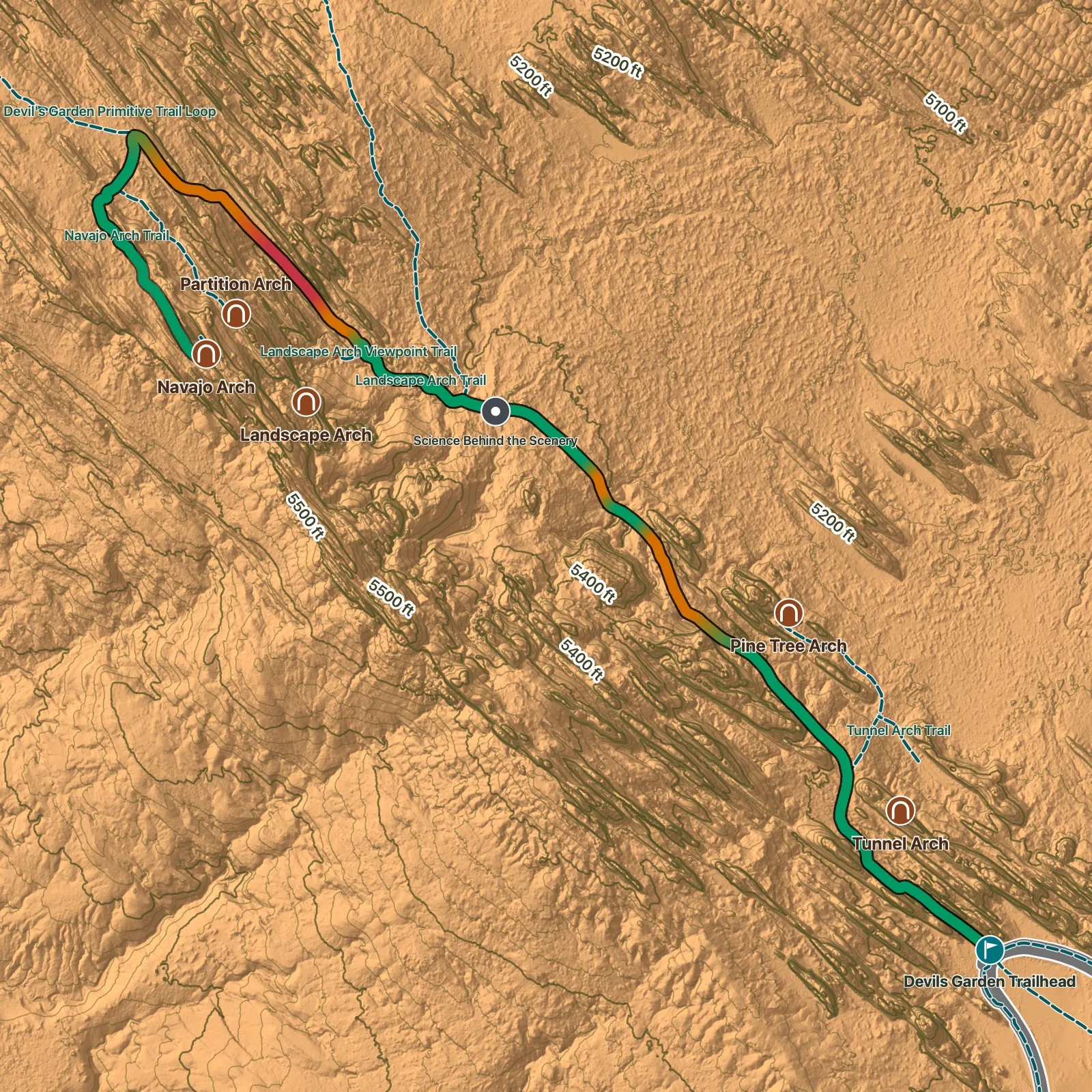 Terrain map of Navajo Arch Trail in Arches National Park, with Landscape Arch, Navajo Arch, and Partition Arch labeled