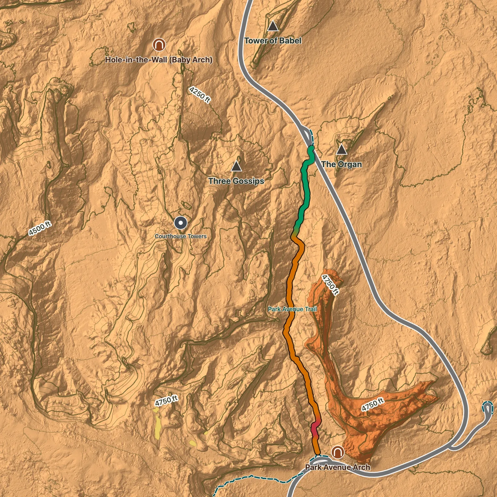 Terrain map of Park Avenue Trail in Arches National Park, with Park Avenue Arch, and Hole-in-the-Wall (Baby Arch) labeled