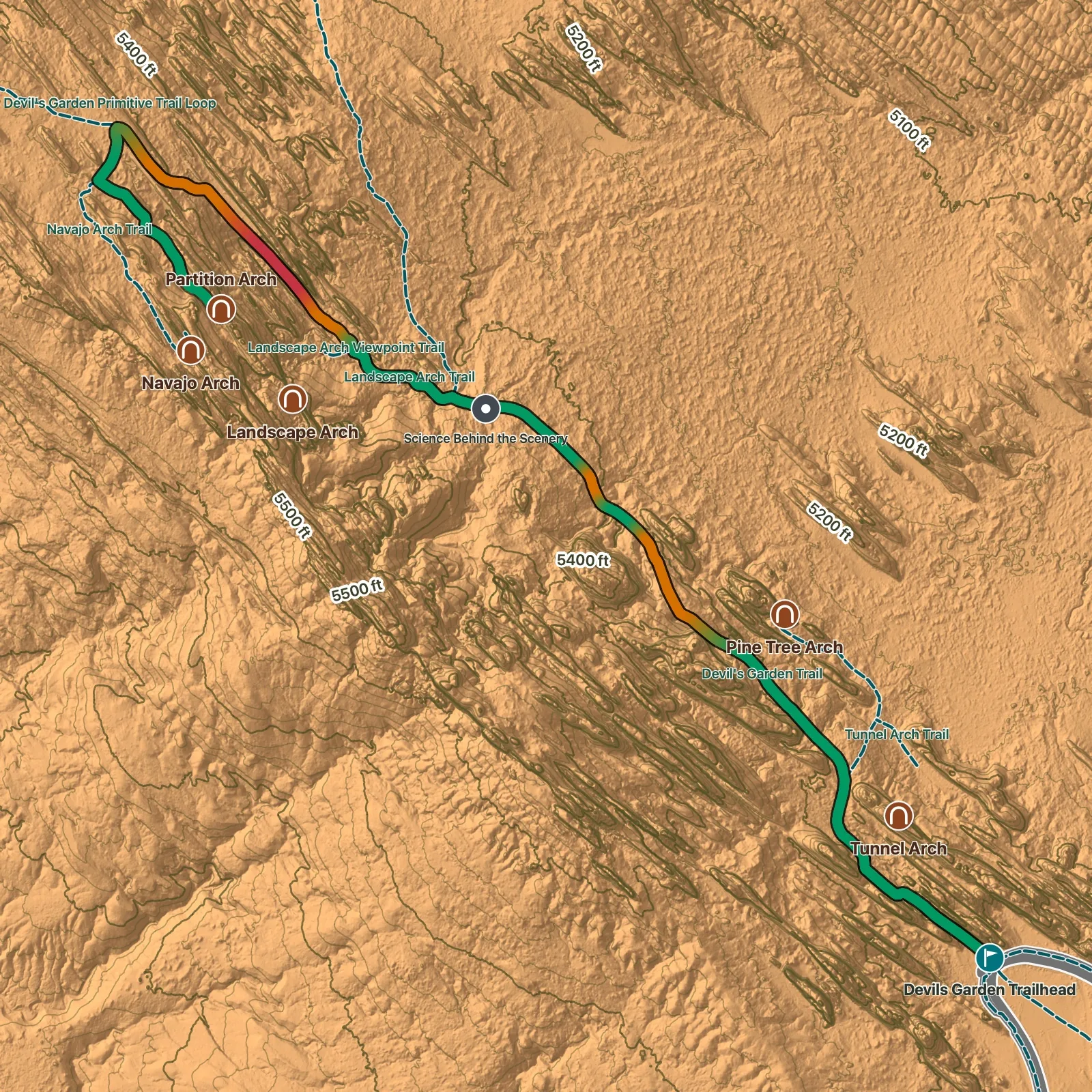 Terrain map of Partition Arch Trail in Arches National Park, with Landscape Arch, Partition Arch, and Navajo Arch labeled