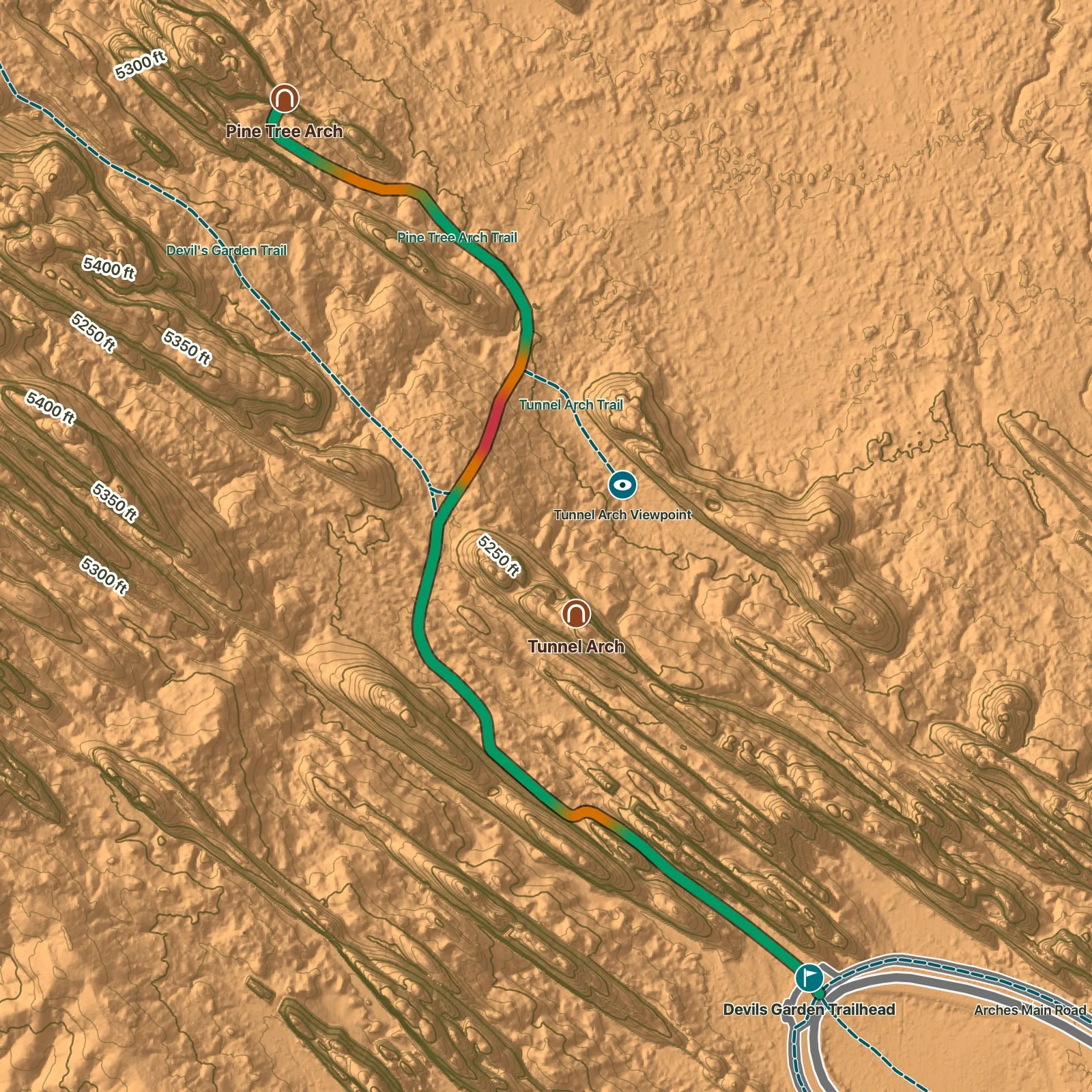 Terrain map of Pine Tree and Tunnel Arches in Arches National Park, with Pine Tree Arch, and Tunnel Arch labeled