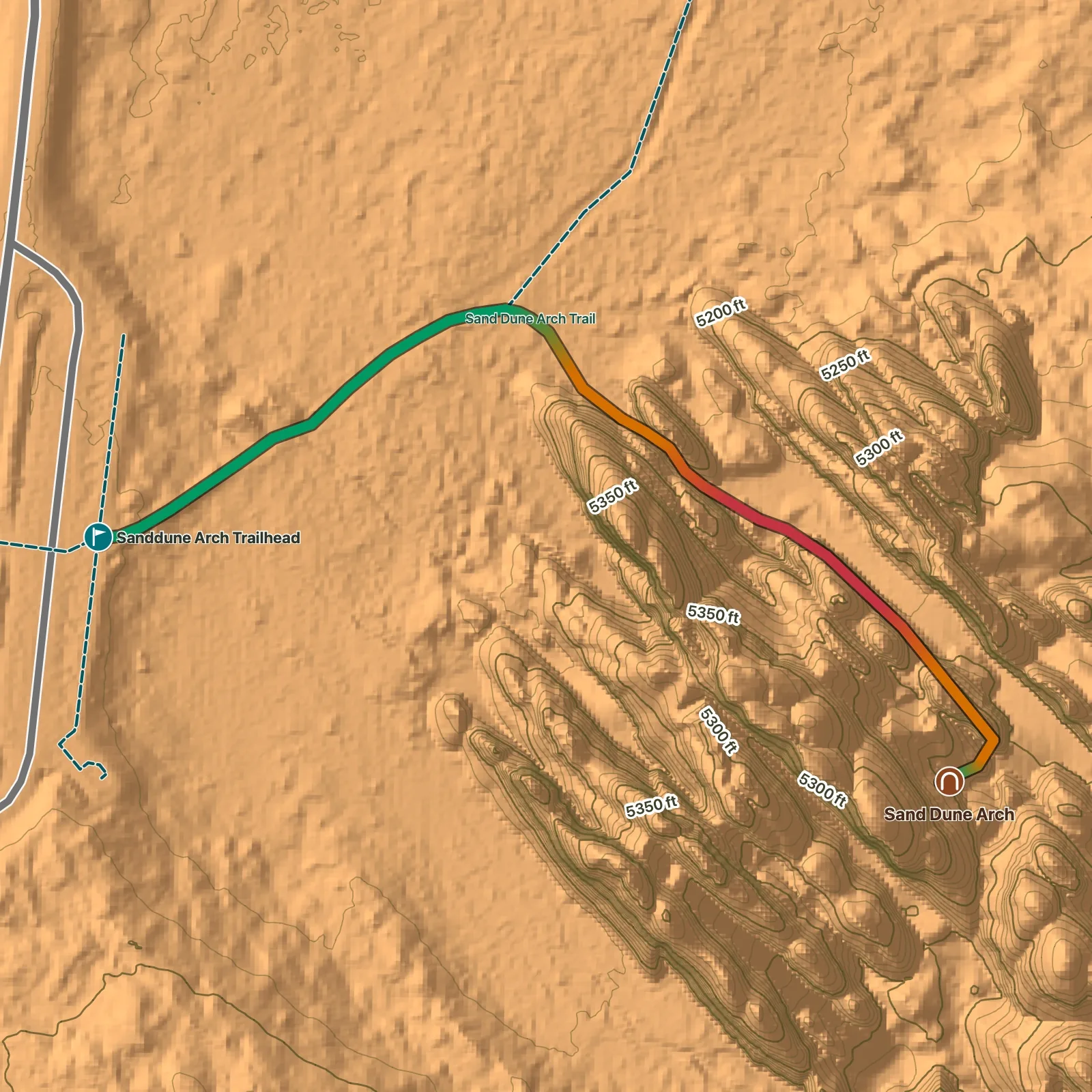 Terrain map of Sand Dune Arch Trail in Arches National Park, with Sand Dune Arch labeled