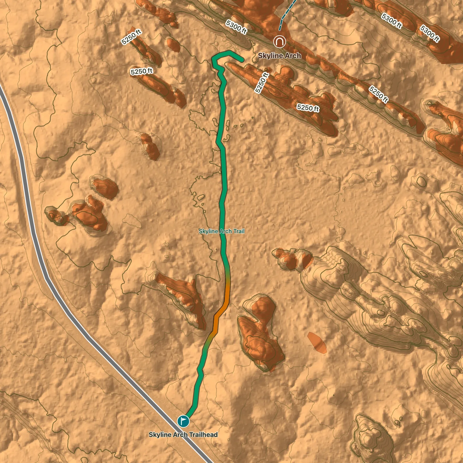 Terrain map of Skyline Arch Trail in Arches National Park, with Skyline Arch labeled