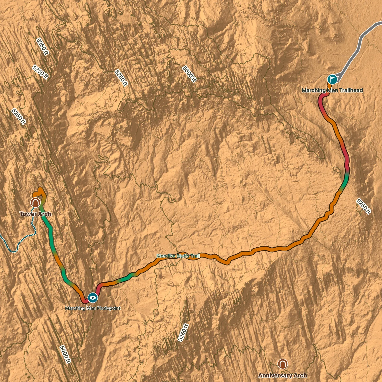 Terrain map of Tower Arch Trail in Arches National Park, with Tower Arch labeled