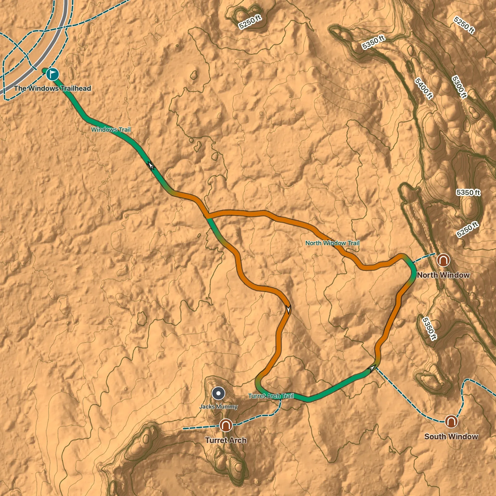 Terrain map of Turret Arch Loop in Arches National Park, with Turret Arch, North Window, and South Window labeled