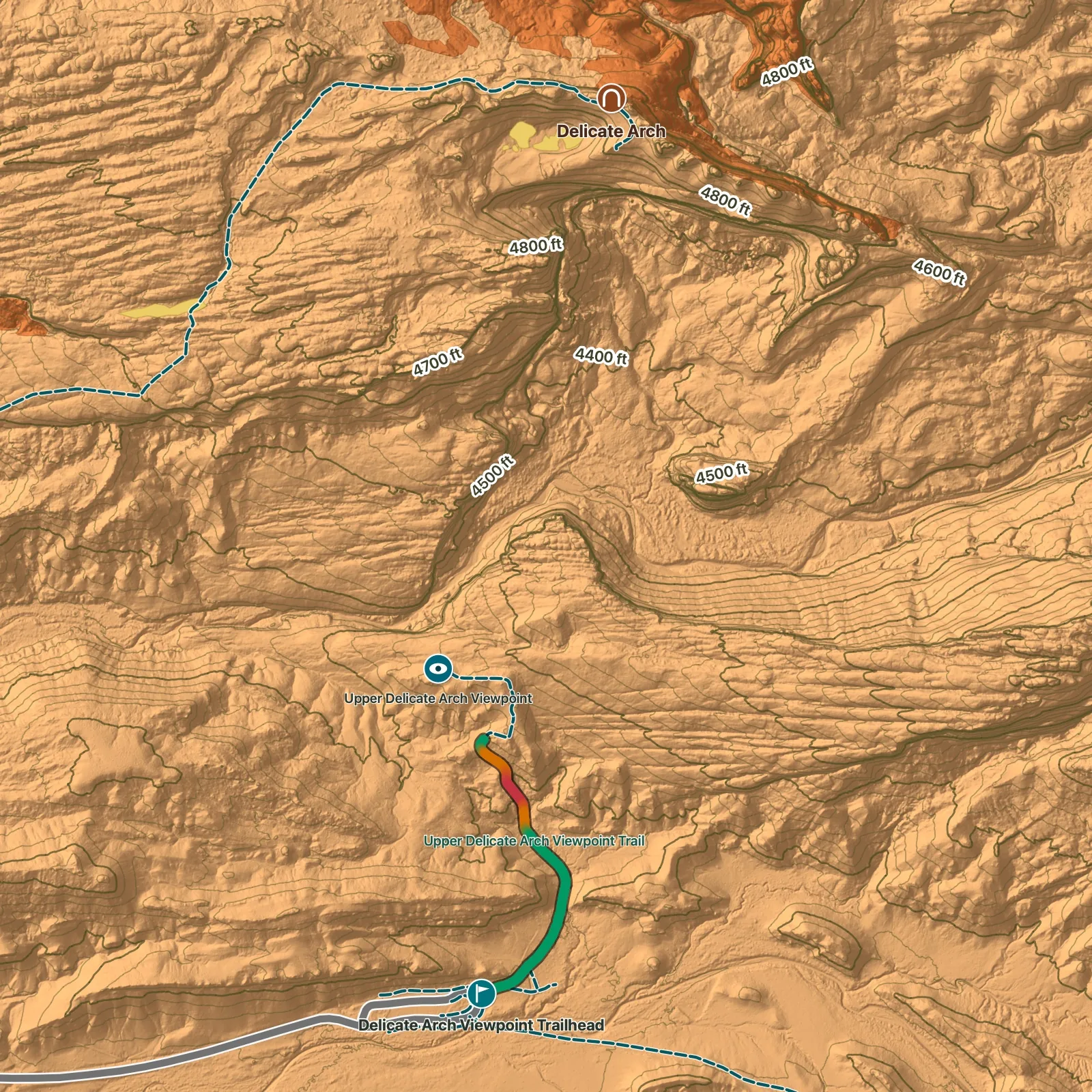 Terrain map of Upper Delicate Arch Viewpoint in Arches National Park, with Delicate Arch labeled