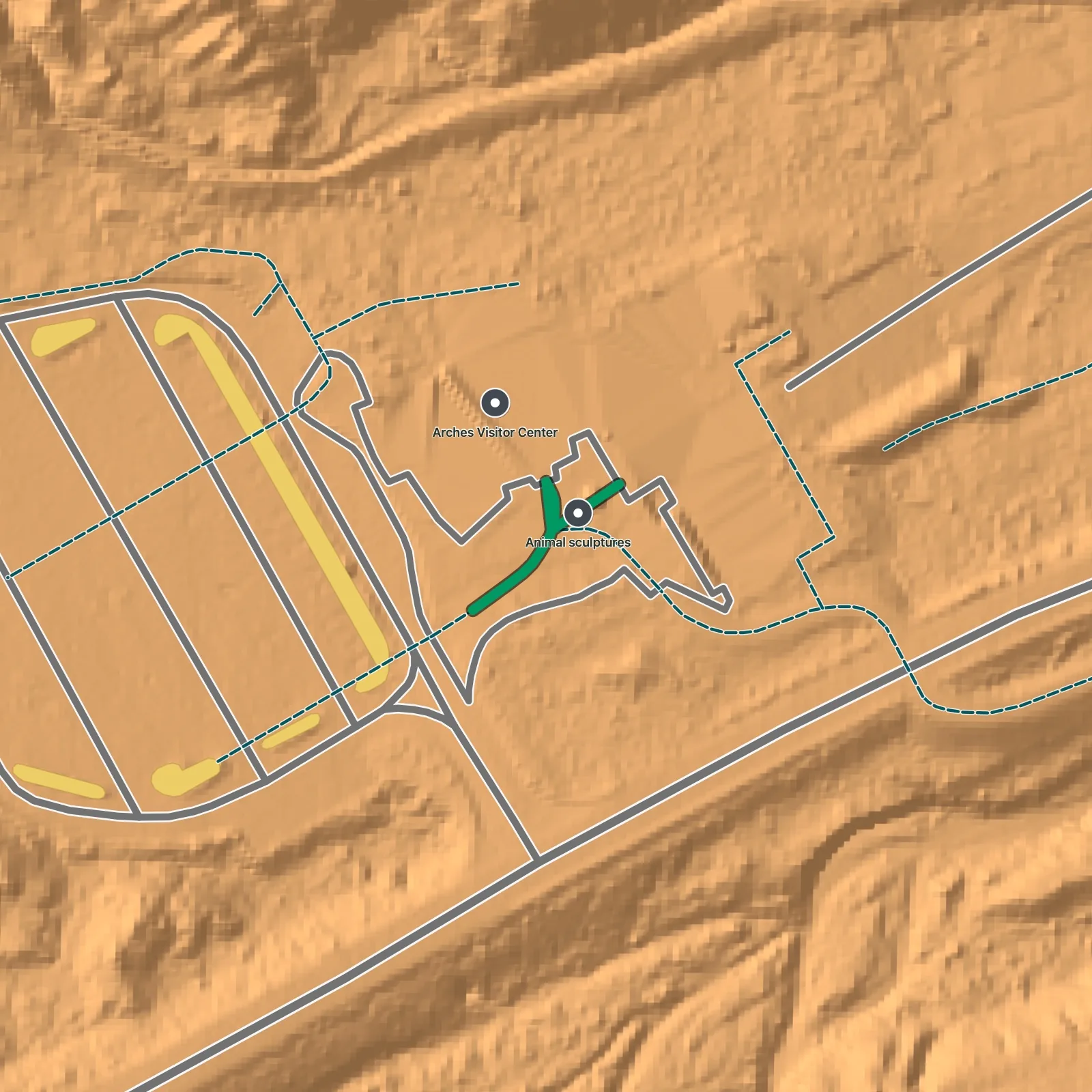 Approximate orientation terrain map for Visitor Center Nature Trail, with Arches Visitor Center labeled
