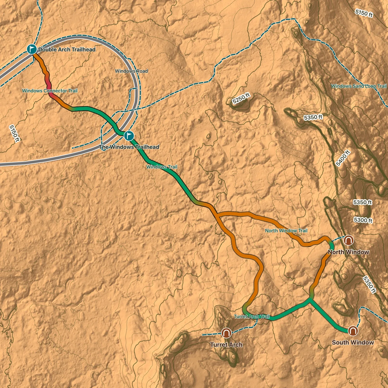 Terrain map of The Windows Loop in Arches National Park, with Turret Arch, North Window, and South Window labeled