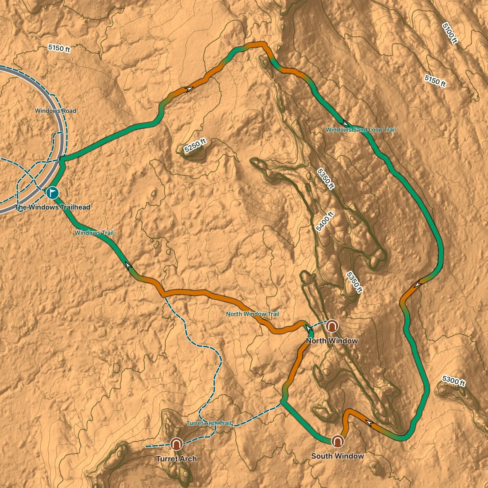 Terrain map of Windows Primitive Loop in Arches National Park, with Turret Arch, North Window, and South Window labeled